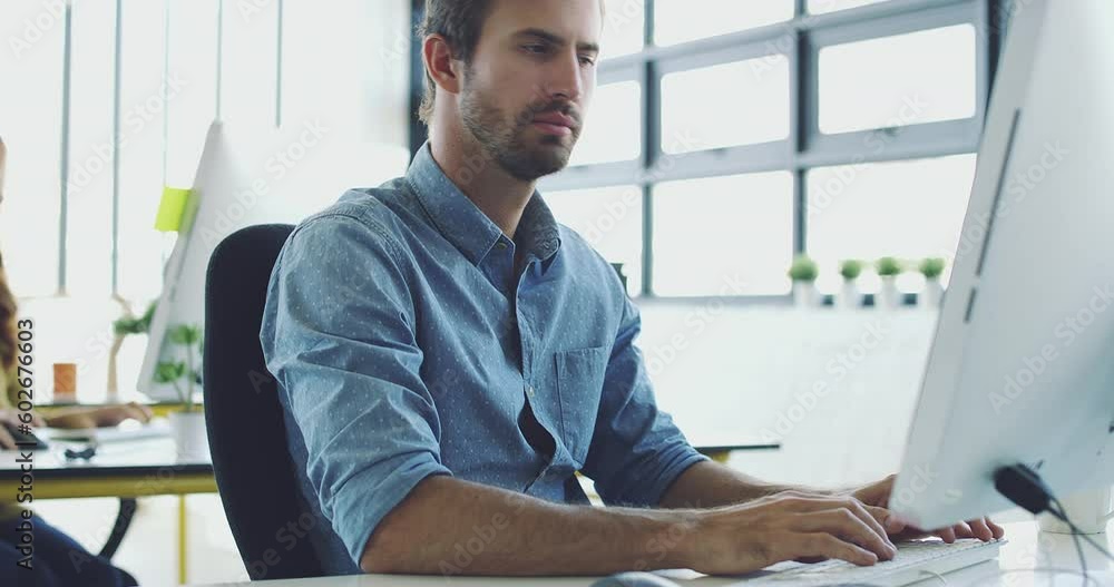 Fototapete Computer, strategy man or programmer working for cybersecurity, app coding or data analysis in office. Hacker, developer or employee on tech for software code, programming or startup analytics review