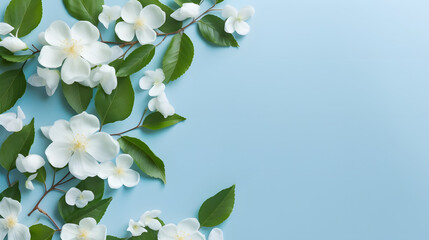 Blue Background with White Flowers and Green Leaves