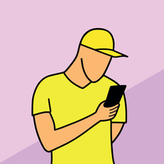 Man in cap using mobile phone cartoon vector illustration colorful background