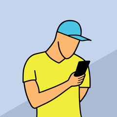 Man in cap using mobile phone cartoon vector illustration colorful background