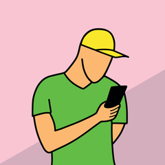 Man in cap using mobile phone cartoon vector illustration colorful background