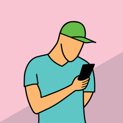 Man in cap using mobile phone cartoon vector illustration colorful background