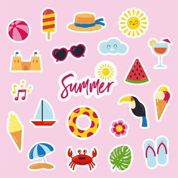 Pack Of Colorful And Cute Summer Themed Stickers For Kids. Vector Illustrations Of Beach, Ice Cream, Sea, Sun, Toucan, Watermelon..