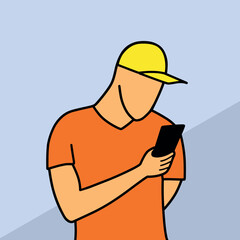 Man in cap using mobile phone cartoon vector illustration colorful background