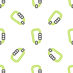 Line Carabiner icon isolated seamless pattern on white background. Extreme sport. Sport equipment. Vector
