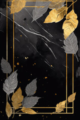  golden frame in a black and grey tones with golden leaves on the corners Generative AI