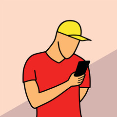 Man in cap using mobile phone cartoon vector illustration colorful background