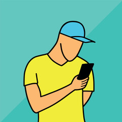 Man in cap using mobile phone cartoon vector illustration colorful background