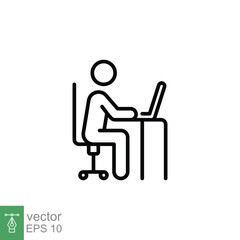 Man behind computer desk icon. Simple outline style. Person, work, laptop, table, chair office, workspace concept. Thin line symbol. Vector illustration isolated on white background. EPS 10.