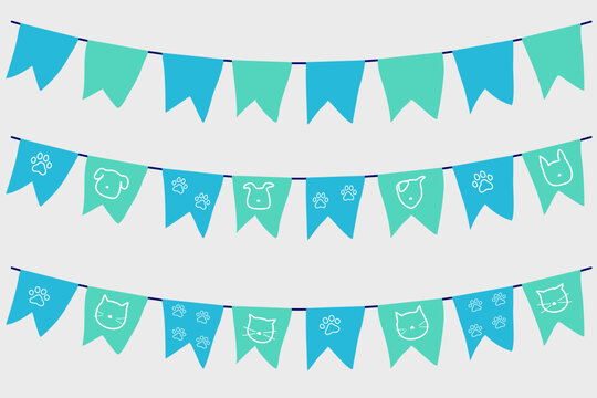 Bunting garland set of elements Vector illustration. Wall Art with Kawaii Cute Style Isolated on a White Background. Lovely Nursery Art Ideal for Decoration, Card, Poster, Party, Happy Birthday.