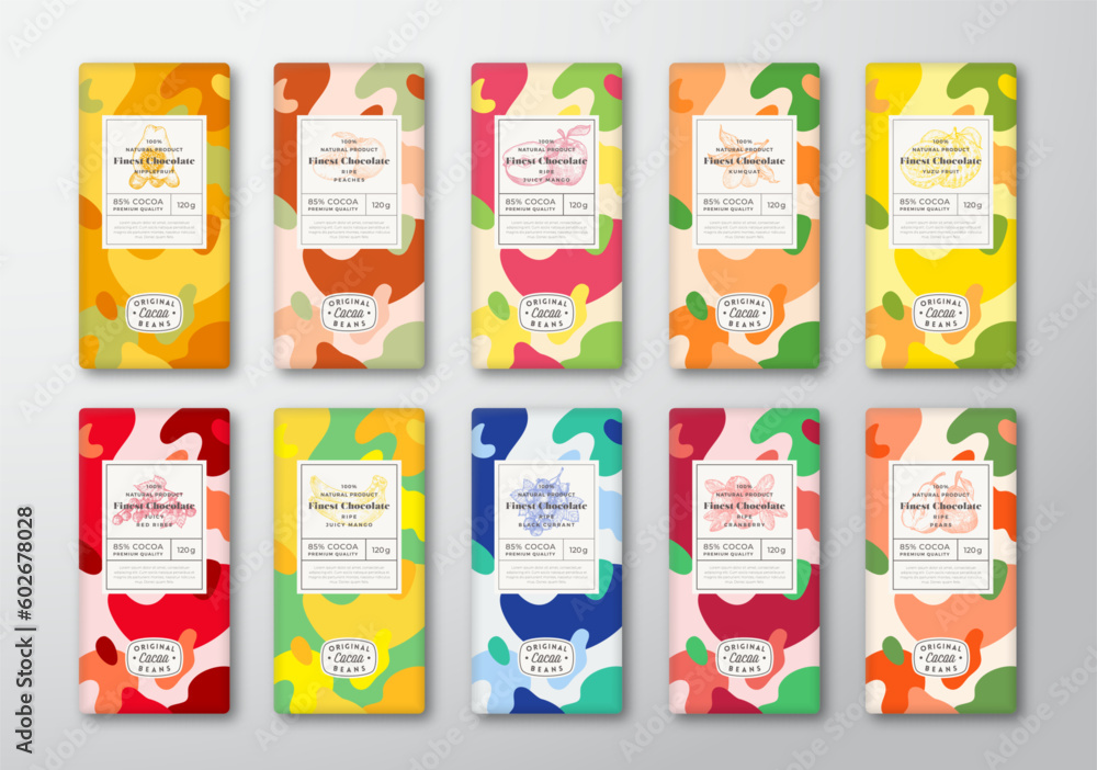 Wall mural chocolate label template set. abstract shapes vector packaging design layout with realistic shadows 