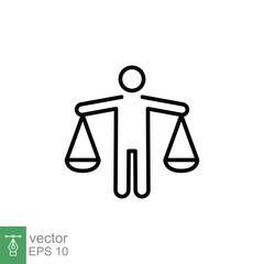 Man with scales icon. Simple outline style. Lawyer, people, truth, legal, law, balance, equality concept. Thin line symbol. Vector illustration isolated on white background. EPS 10.