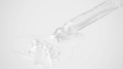 Leaking transparent gel from an eyedropper onto a light background. Bubbles from the gel. Gel texture.