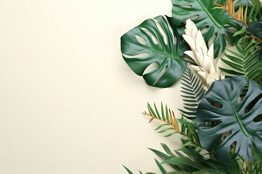 Monstera leaves botanical floral on plain green color background AI Generated