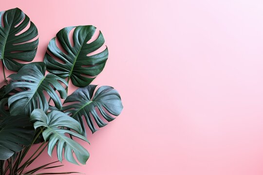 Monstera leaves botanical floral on plain pink color background AI Generated