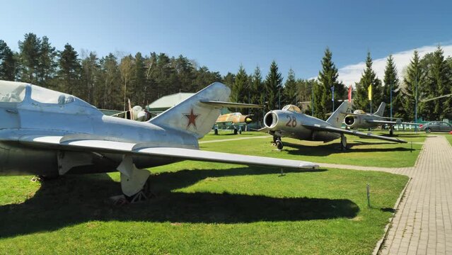 A MiG-15 fighter jet in an aviation museum. The Soviet MiG-15 fighter jet fighter was developed in the USSR. It was used by many air forces around the world