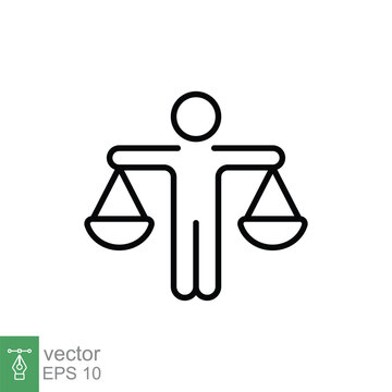 Man with scales icon. Simple outline style. Lawyer, people, truth, legal, law, balance, equality concept. Thin line symbol. Vector illustration isolated on white background. EPS 10.