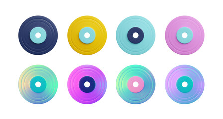 Set of colorful vinyl records in cute 3d style, vector illustration isolated on white background.