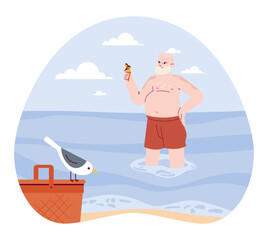 Character in a swimshorts spending time on the beach. Retired man