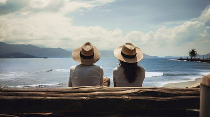Two women in hats sitting on the beach and looking at the sea. Generated AI
