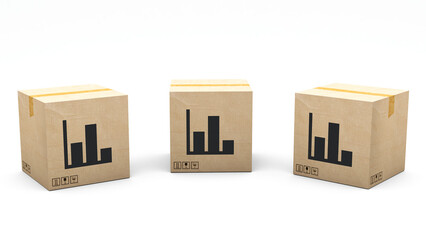 Fototapeta premium Kraft box stamped with an icon: graphic. Cardboard package made in 3D and rendered in 3 different angles: front, left side, right side. Easy clipping.