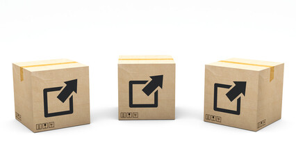 Kraft box stamped with an icon: share. Cardboard package made in 3D and rendered in 3 different angles: front, left side, right side. Easy clipping.