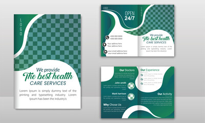 bifold brochure design template for healthcare & medical advertising, Clinic bi fold brochure template. clean, modern, and high-quality curvey shapes,Elements,Editable and customizable design template