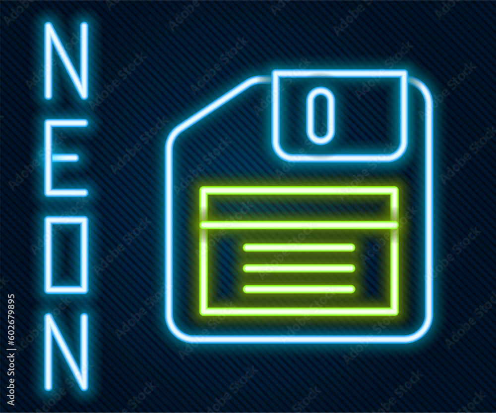 Poster glowing neon line floppy disk for computer data storage icon isolated on black background. diskette 