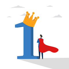 win concept, award winner celebration or employee of the month, first place winner achievement, business success or win, superhero successful businessman standing with first place award with crown.