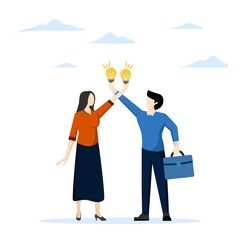 Exchanging ideas, solutions or communication, discussing or studying together, creativity and innovation, brainstorming or sharing data, businessmen and women sharing light bulb ideas to colleagues.