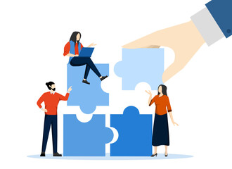 Build your team, help or assist, work together or collaborate for success, lead to develop teamwork or business partners, giant businessman hand linking jigsaw puzzle with office business team.