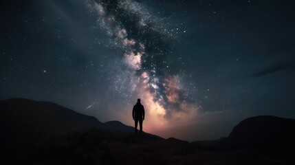 silhouette of a person standing on the top of the mountain. Generative AI