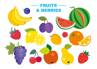 Set of fruits, berries on white background: banana, watermelon, apricot, apple, pear, plum, lemon, raspberry, strawberry, grape, cherry, cranberry, blueberry, orange. Vector flat isolated illustration
