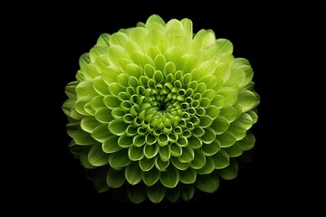 overhead close-up view of round shape green chrysanthemum flower isolated on black background, generative ai beautiful art