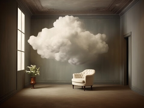 illustrazione di soggiorno surreale con nuvole all'interno, ispirata ai dipinti di bernard smilde, creata con ai