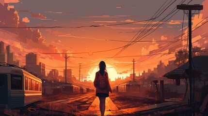 Fototapeta premium silhouette of a person walking on the street at sunset. Generative AI