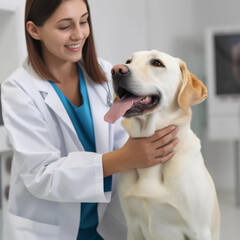A happy Labrador Retriever is inside a bright dog clinic. The clinic staff miles and is gently petting the dog. AI generative image.