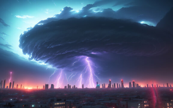 lightning from menacing clouds over the night city. generative ai
