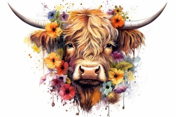 Watercolor painting depicting a majestic Highland Cow surrounded by vibrant flowers. Generative Ai