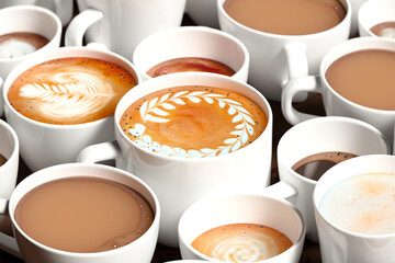 Side view on delicious hot beverages in cups. Different coffee drink types.