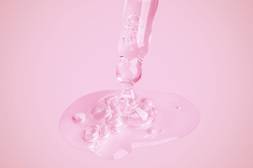 A flowing clear gel from a pipette. A lot of flowing gel in a big drop. With bubbles. On a pink background.