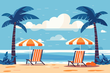 
Summer holidays. Sun loungers on the beach. Beach landscape. Beautiful seascape banner Nautical holiday. Vector illustration