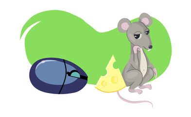 Two mice. A gray cartoon mouse wants to be friends with a computer mouse, treats him with cheese and is sad without reciprocity.