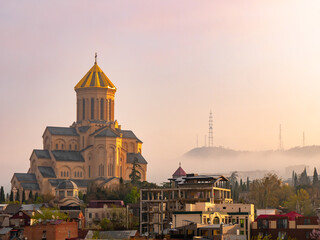Skyline of Tbilisi, Georgia with the prominent Holy Trinity Cathedral of Tbilisi on a bright spring...