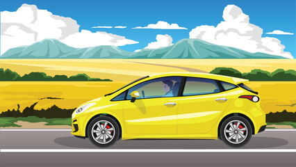 Plakat Concept vector illustration of horizontal view. Male rider inside hatchback car driving on the asphalt road. Background of yellow flower field. with mountain under blue sky and white clouds.
