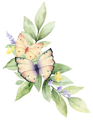 Wildflowers and Butterflies Watercolor wreath isolated on white background.  Excellent for wedding design, stationery, invitations, postcards.