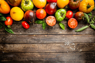 Mixed tomatoes top view.