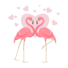 Romantic illustration with pink flamingo birds. Couple in love. Love day, valentine's day card. Vector cartoon flamingo.