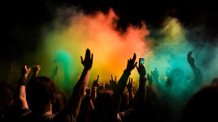 Fototapeta premium silhouettes of hands in front of a bright stage. Silhouettes of concert crowd at a music festival. Colorful lights crowd with hands raised - color filter effect. Generated AI