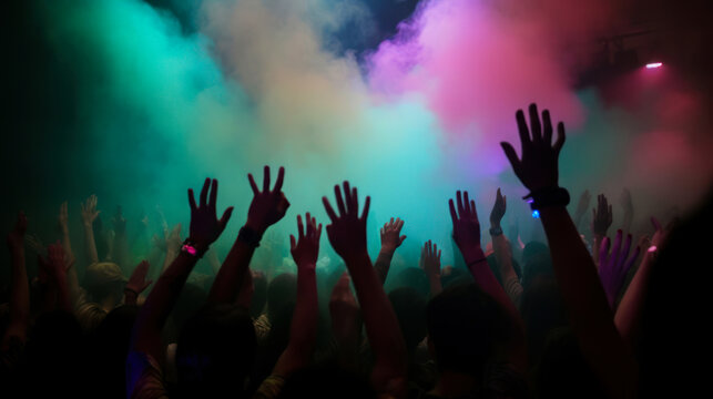 Silhouettes Of Hands In Front Of A Bright Stage.
Silhouettes Of Concert Crowd At A Music Festival. Colorful Lights
Crowd With Hands Raised - Color Filter Effect. Generated AI